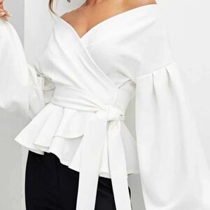 White  Off the shoulder puff sleeve peplum wrap tie waist blouse